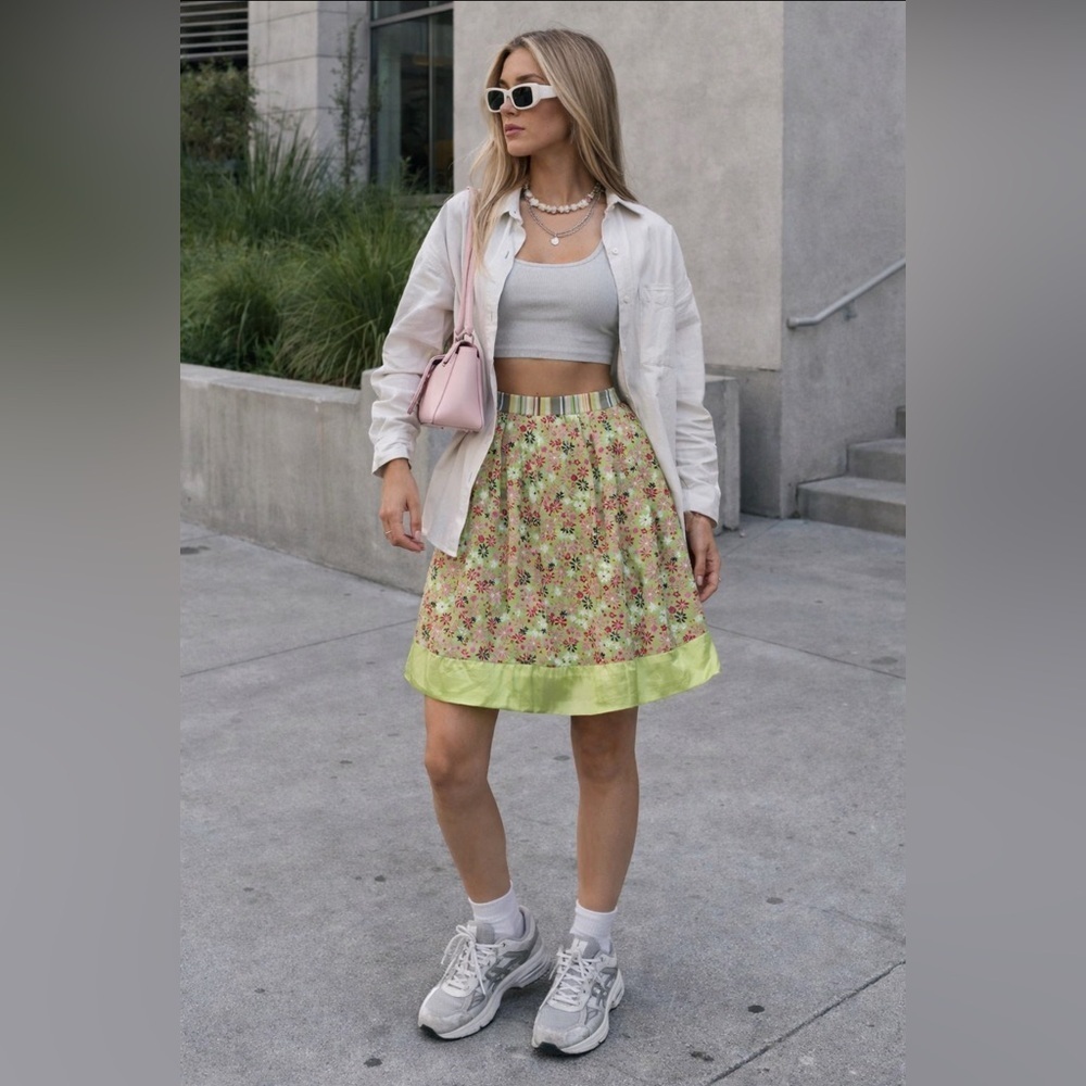 A Line Midi Fit & Flare Floral Ditsy Pleated Skirt Pockets Garden Spring Small